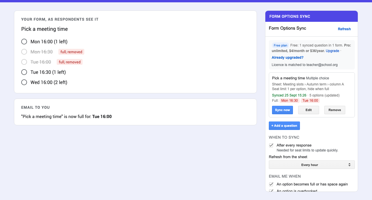 Form Options Sync, our own Google Forms add-on, with full slots removed from a form.