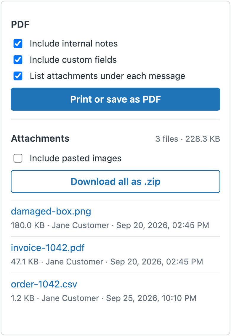 The Ticket PDF & Attachments sidebar in Zendesk.